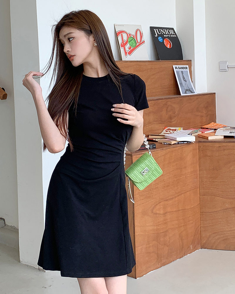 Real Shot 2025 Spring Summer New Women's Casual Fashion Pleated Waist Thin Short Sleeve Slim Fit Dress Slimming