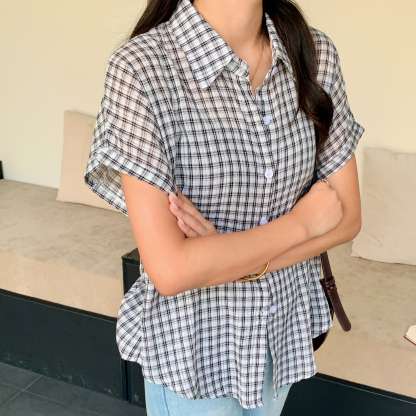 Casual Retro Plaid Blouse 复古风短袖格子衬衫*2 Colors