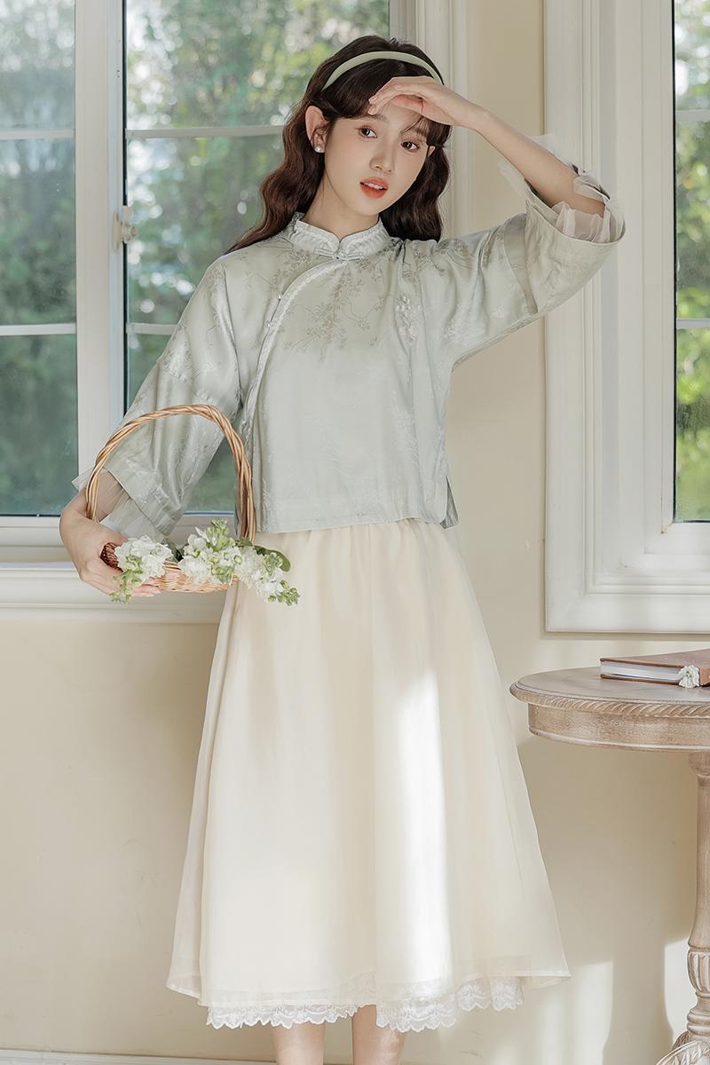 China Style Improved Cheongsam Two-Piece Set 小清新蕾丝提花两件套