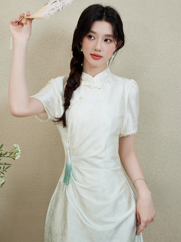 Elegant Slimming Short Sleeve Improved Cheongsam Gradient Blue 渐变碧短袖改良式旗袍裙