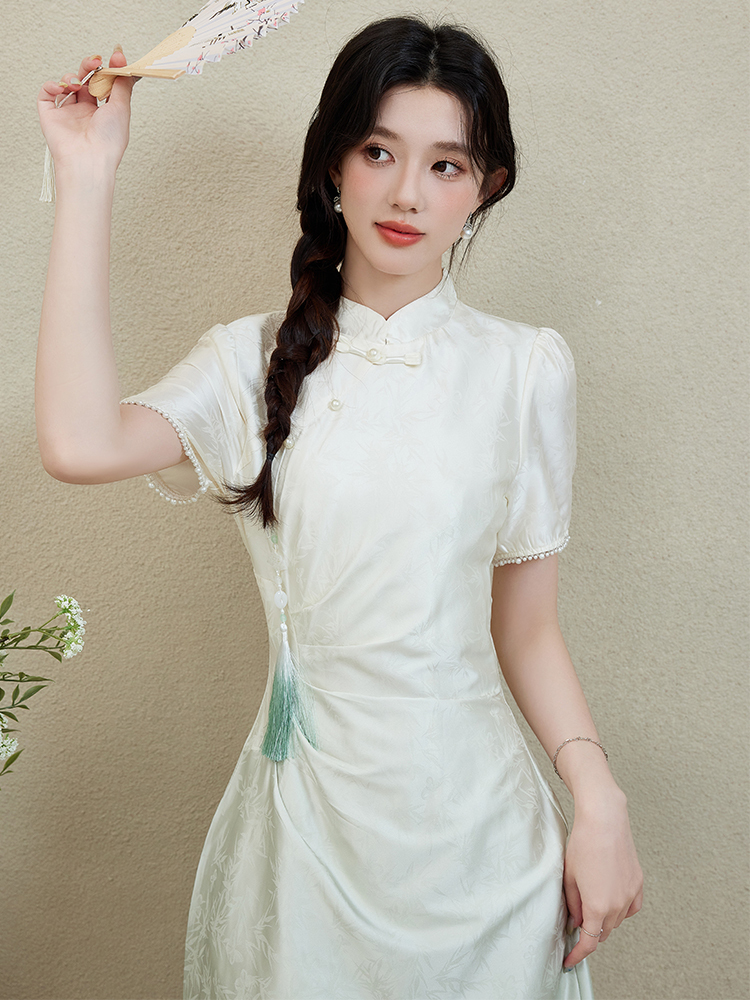 Elegant Slimming Short Sleeve Improved Cheongsam Gradient Blue 渐变碧短袖改良式旗袍裙