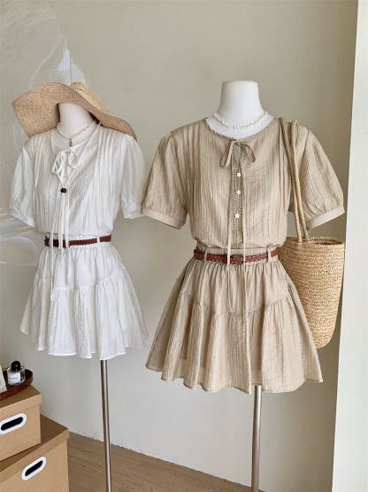 Casual Bow Tie Shirt & Skirt Combo  绑带衬衣+ 休闲短裙2件套*2Colors