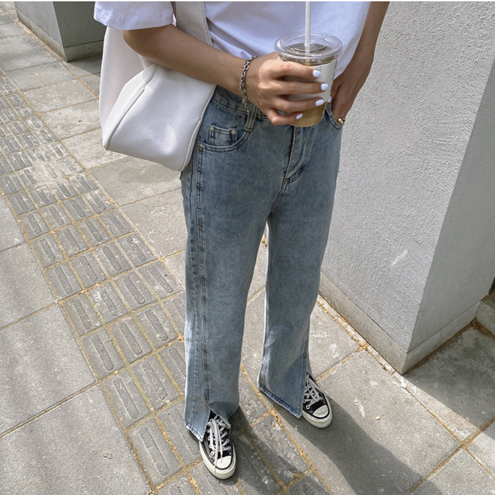 Actual Shot 2025 Summer New HyunA Floor-Length Pants with Slit High Waist Versatile Loose Straight Wide-Leg Denim Long Pants for Women