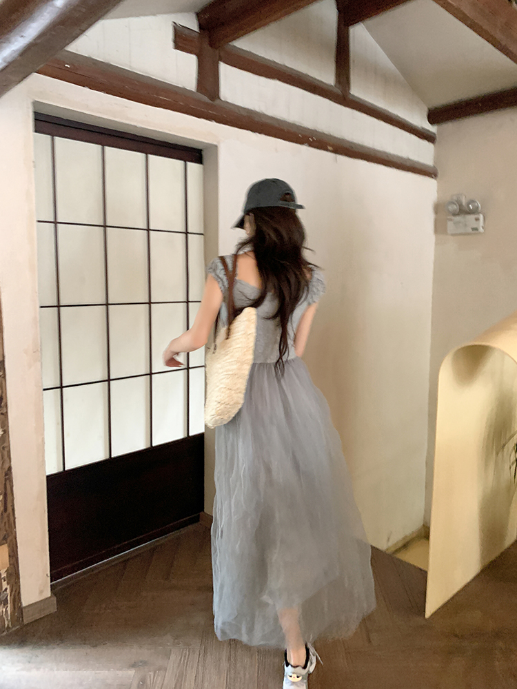 V-Neck Tulle and Mesh Dress法式气质V领拼接纱裙*2Colors