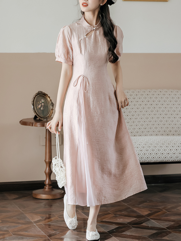 Pink Luster Dress 粉贝柔光中式连身裙