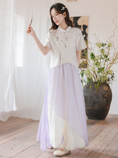 藤萝紫色中式上衣阔腿裤套装