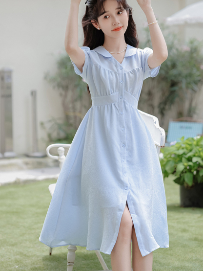 French Retro Blue Short-Sleeved Dress Women's 2024 Summer New V-neck Elegant A- line Midi Dress 40