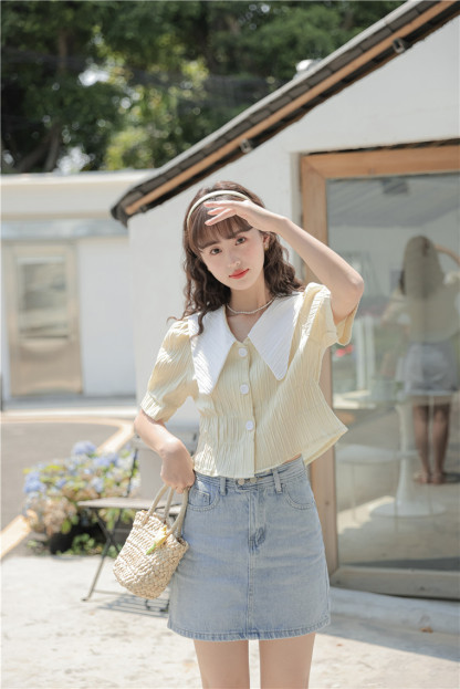 法式复古大翻领短款衬衫* 2 Colors