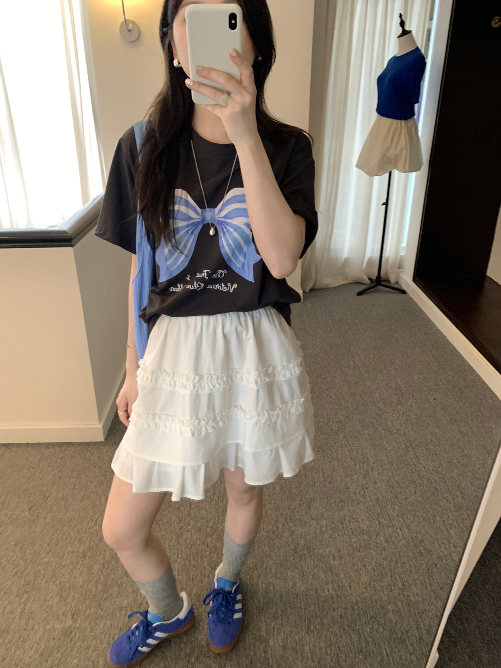 Real Shot Stylish Bowknot Print Casual Loose T-Shirt for Women Summer Retro Versatile Casual Top 2025 New Model