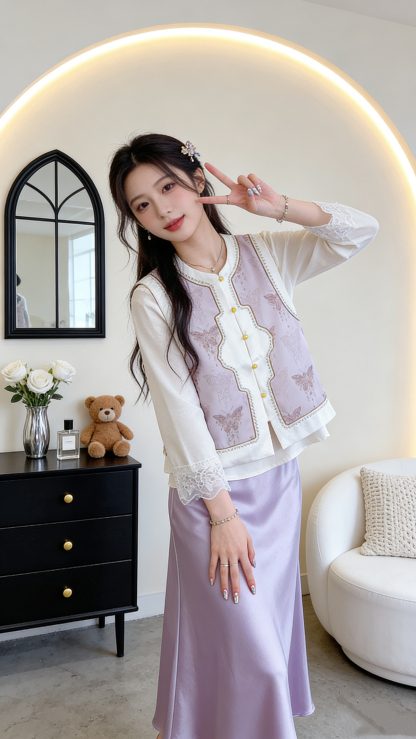 杏色花边中袖上衣#2880