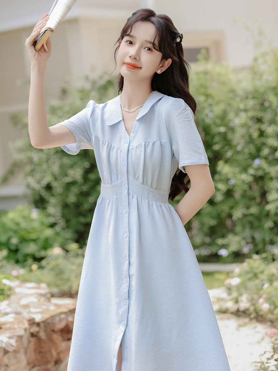 French Retro Blue Short-Sleeved Dress Women's 2024 Summer New V-neck Elegant A- line Midi Dress 40