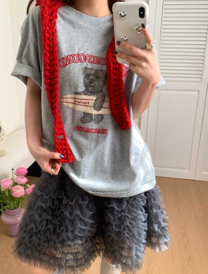 Skateboard Bear Print Oversized T-Shirt 滑板小熊✤ins小熊印花宽松T恤*2 Colors