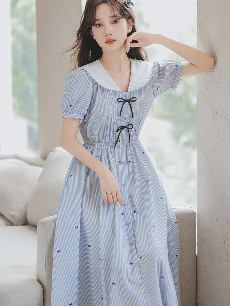 Fresh Dress College Style Age-Reducing Sailor Collar Bow Jacquard Fitted Waist Striped Long Dress 50