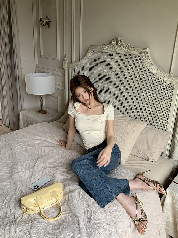 荡领设计短袖t恤 slim-fit pleated short-sleeve T-shirt for women