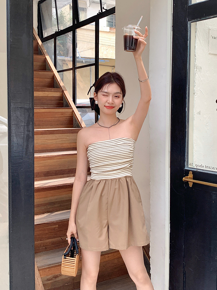 Two-Piece French Style Striped Jumpsuit 法式条纹拼接连体裤两件套*2Colors