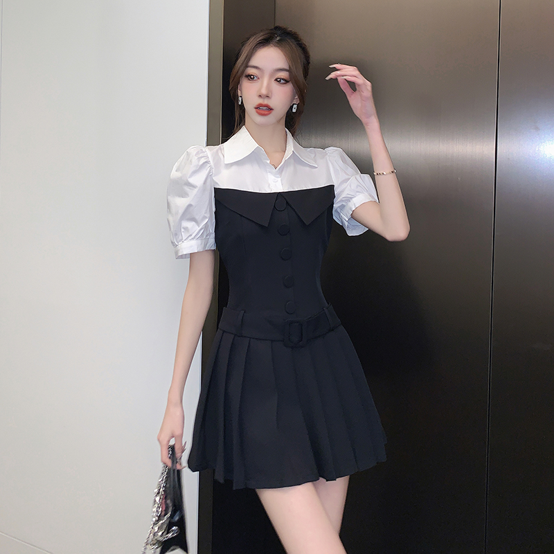 Classic Pleated Faux Layer Blazer Skirt 复古拼接假两件百褶西装裙
