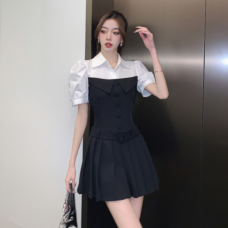 Classic Pleated Faux Layer Blazer Skirt 复古拼接假两件百褶西装裙