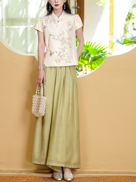 缎面盘扣上衣+裙裤套装 New Chinese Style Hanfu Satin Oblique Collar Heavy Embroidery Button Top with Ethnic Style Skirt Pants Set