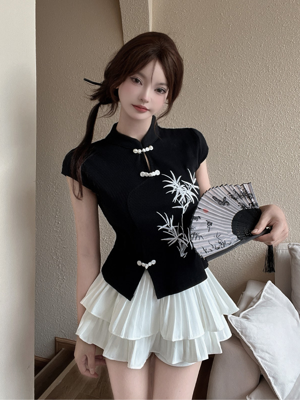 New Chinese Style Embroidered National Style Button Top Design Slimming Pleated Skirt Age-Reducing Workwear Two-Piece Set