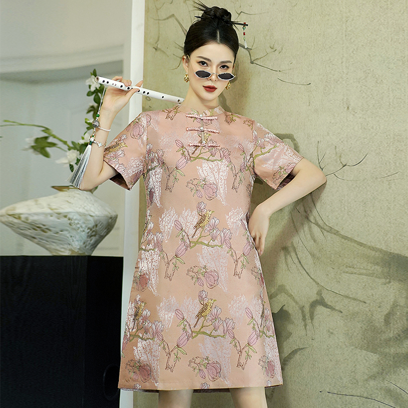 National Style New Chinese Style Light Luxury Elegant Printed Improved Cheongsam Loose Fit Slimming Texture Plus Size Large Floral Dress
