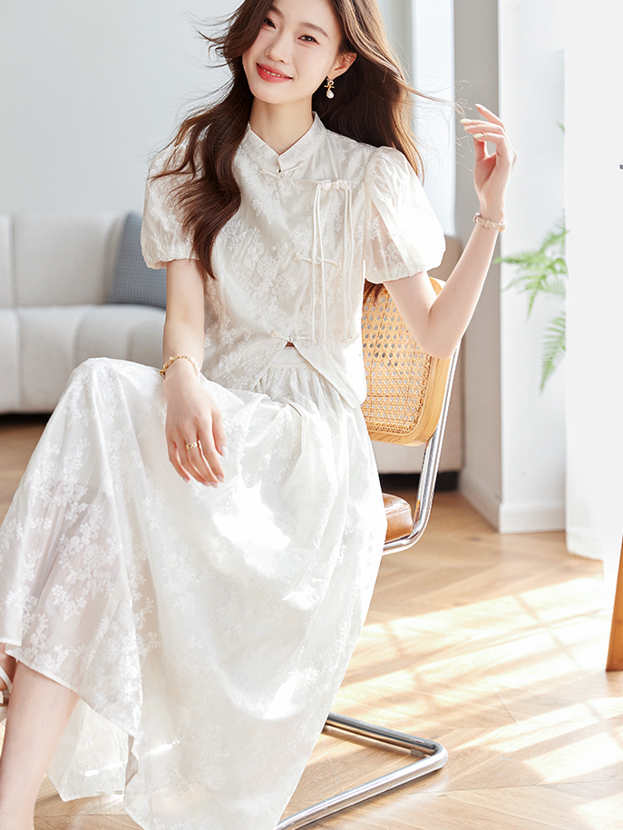 New Chinese Style Set for Women 2025 Summer Stand Collar Jacquard Shirt Top and Skirt Two-Piece Set