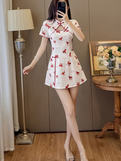 Real Shot New Style New Chinese Style Fashion Suit Petite Cheongsam Dress Socialite Style Dress Suit Two-Piece Set