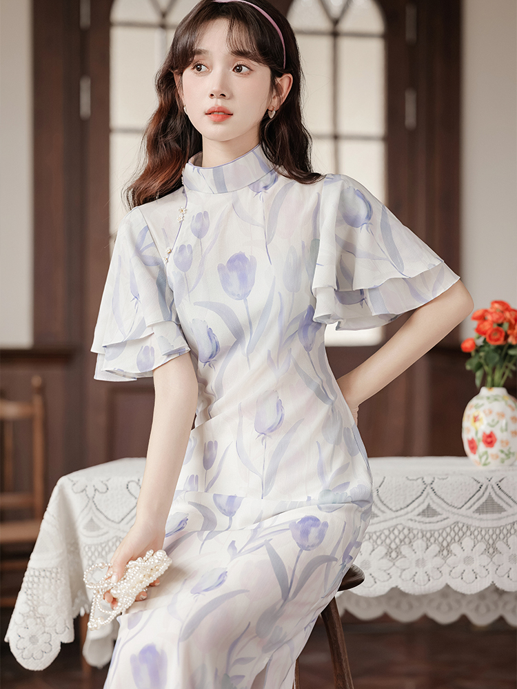 Smooth Skin Snow | New Girls Lived during the Republic of China Lotus Leaf Sleeve Tulip Long Cheongsam Slim Spring and Summer Young New Chinese Style 40