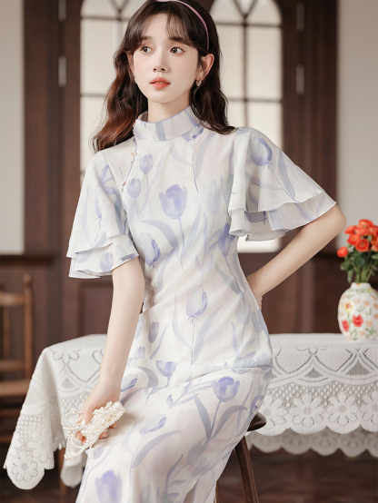 Smooth Skin Snow | New Girls Lived during the Republic of China Lotus Leaf Sleeve Tulip Long Cheongsam Slim Spring and Summer Young New Chinese Style 40