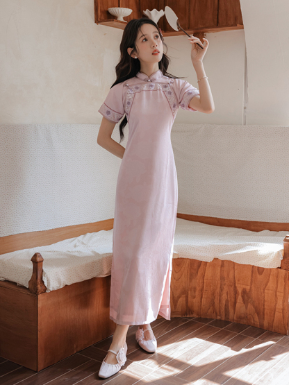 暗香双襟粉紫色旗 Mystery Fragrance New Chinese Style No-Seam Flat Cut Ancient Method Double-Breasted Pink Purple Cheongsam Floor-Length Dress
