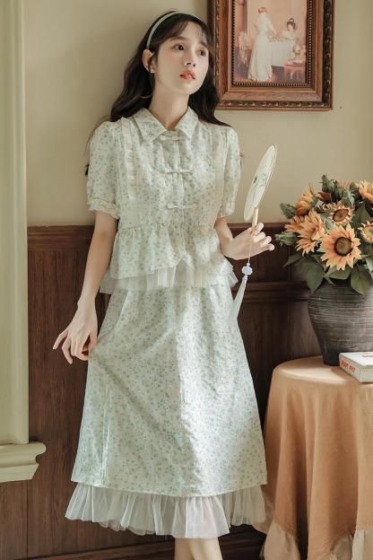 Green Shivering Embroidery Suit New Chinese Style Puff Sleeve Top Women's Fresh Sweet Skirt Price Limit 40