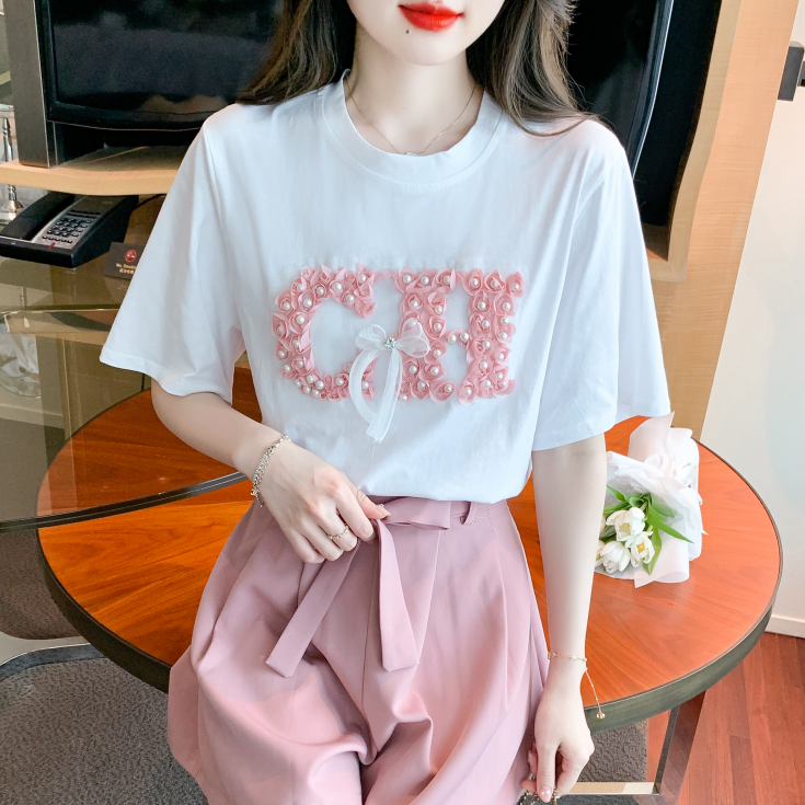 Sweet Pearl Bow Floral Tee 珍珠花朵蝴蝶结短袖T恤