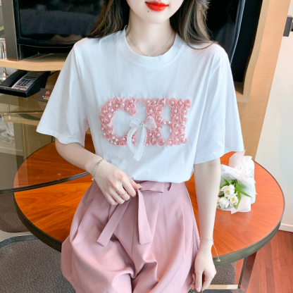 Sweet Pearl Bow Floral Tee 珍珠花朵蝴蝶结短袖T恤