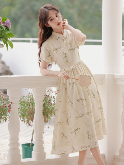 Apricot Tencel Bamboo Leaf Printing New Chinese Style Dress Short Sleeve Waist-Controlled Slimming Dress 40