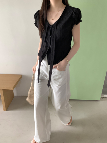  Bow-Tie Puff Sleeve Top 气质系带泡泡袖上衣*2 Colors