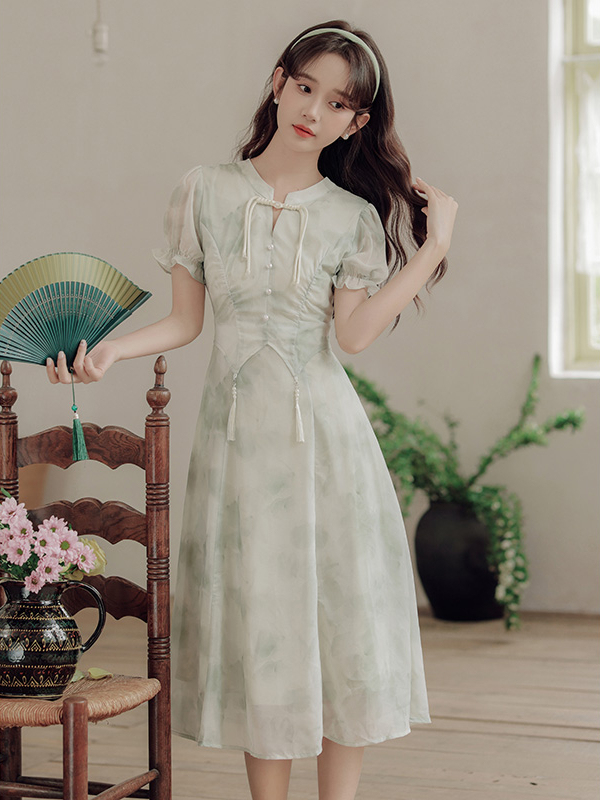 New Chinese Style Improved Cheongsam Printed Temperament Dress Women's Summer New Design Sense Fairy Chic Dress 40