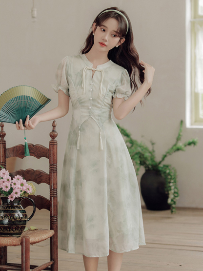 New Chinese Style Improved Cheongsam Printed Temperament Dress Women's Summer New Design Sense Fairy Chic Dress 40