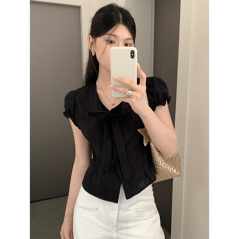  Bow-Tie Puff Sleeve Top 气质系带泡泡袖上衣*2 Colors