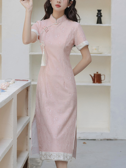 暮晚尘香刺绣边长款旗袍