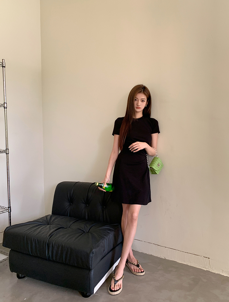 Real Shot 2025 Spring Summer New Women's Casual Fashion Pleated Waist Thin Short Sleeve Slim Fit Dress Slimming