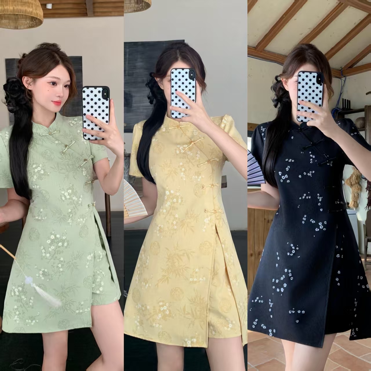 Short Sleeve Cheongsam Short Skirt Two-Piece Set 袖旗袍短裙两件套装