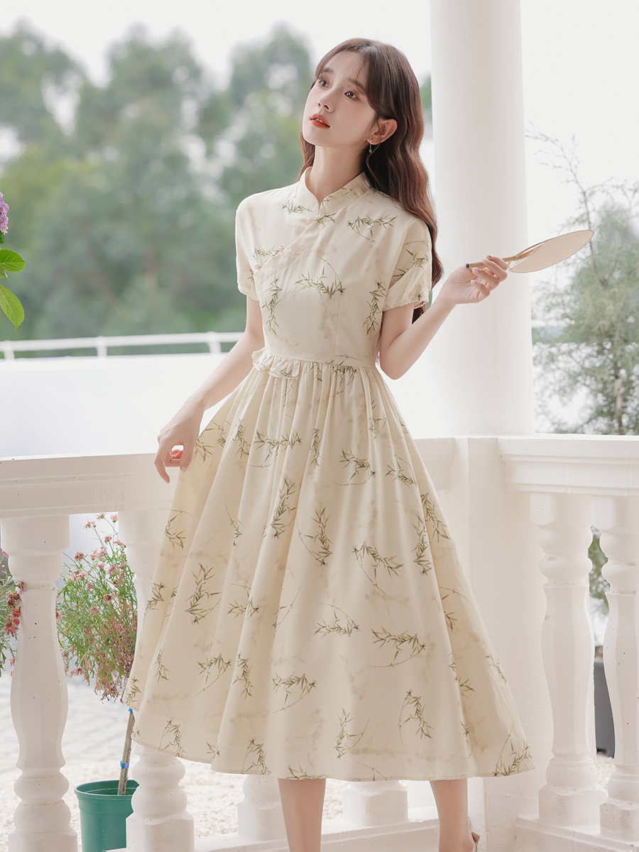 Apricot Tencel Bamboo Leaf Printing New Chinese Style Dress Short Sleeve Waist-Controlled Slimming Dress 40