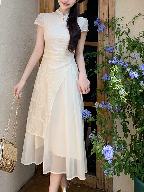 蓝色印花蕾丝中式2件套 New Chinese Style National Style Cheongsam Embroidered Waist Slimming Elegant Girl Dress