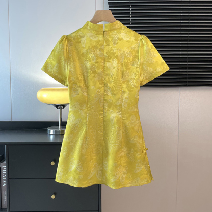 Real Shot New Chinese Style National Style Elegant Stand Collar Jacquard Classical Pattern Ethnic Style Improved Summer Top and Shorts Set