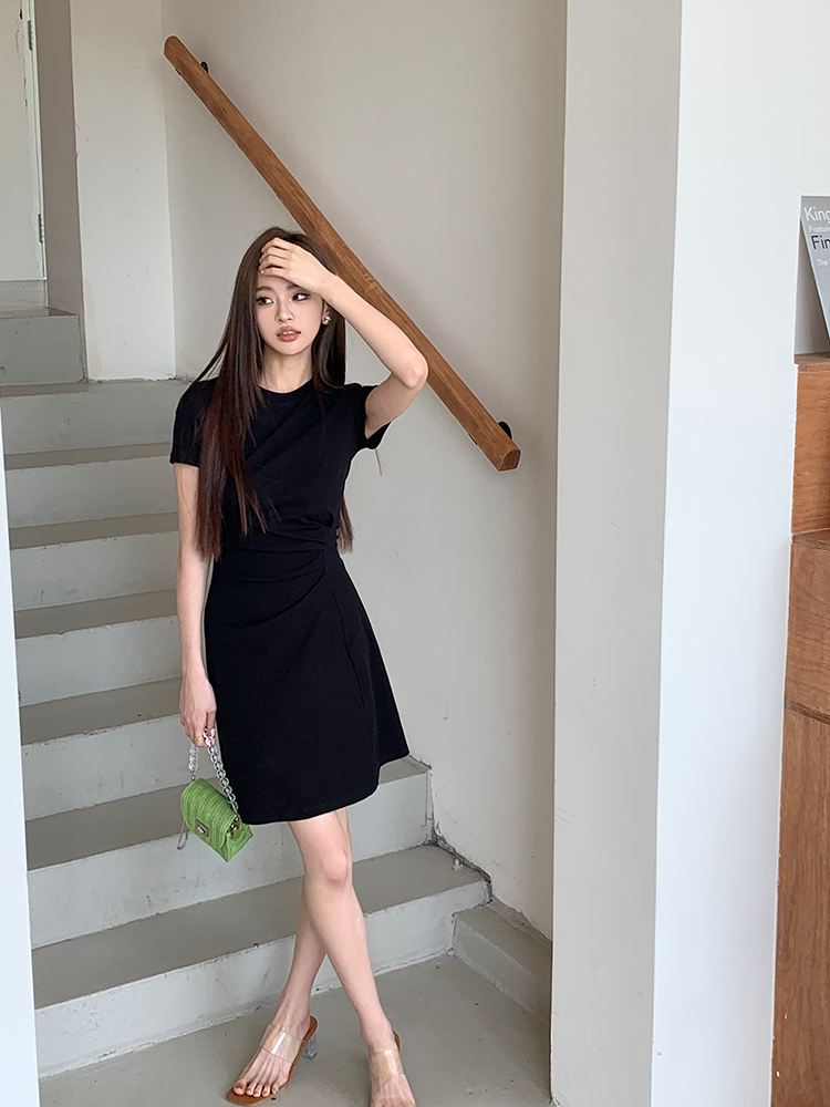 Real Shot 2025 Spring Summer New Women's Casual Fashion Pleated Waist Thin Short Sleeve Slim Fit Dress Slimming