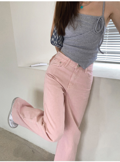 粉色阔腿牛仔裤 pink denim women's pants, high-waisted, slimming, wide-leg, loose straight-leg trousers