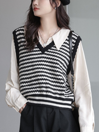 Faux Layered Knit Vest Shirt 知性小姐姐~假两件针织马甲长袖衬衫*2 Colors