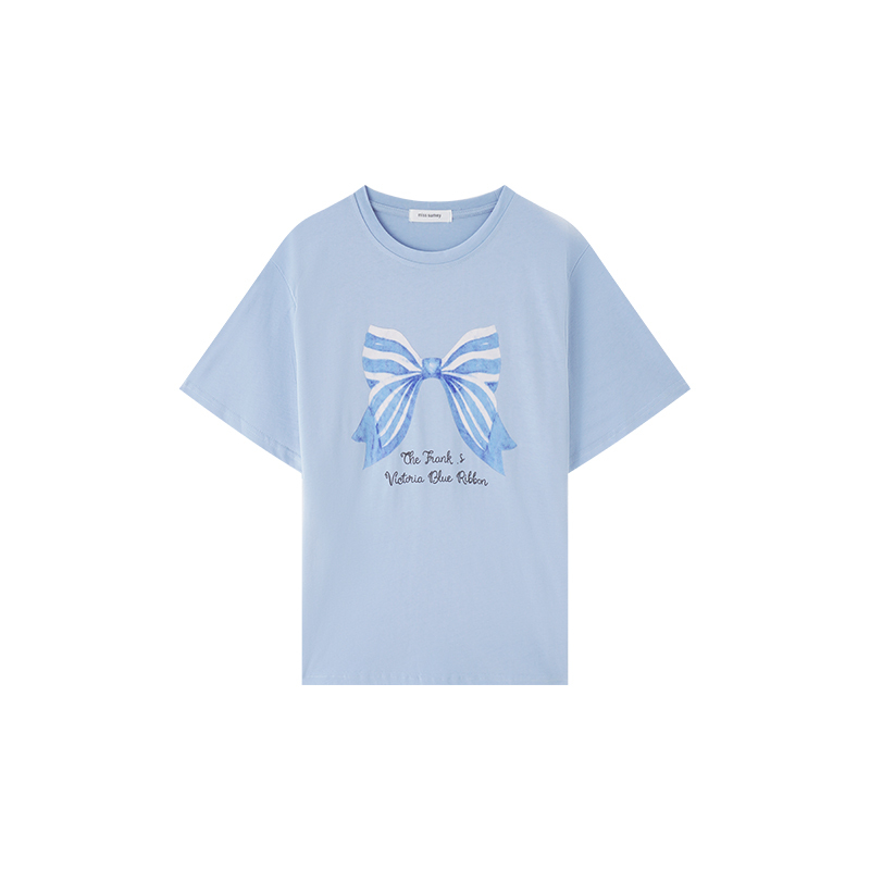 Real Shot Stylish Bowknot Print Casual Loose T-Shirt for Women Summer Retro Versatile Casual Top 2025 New Model