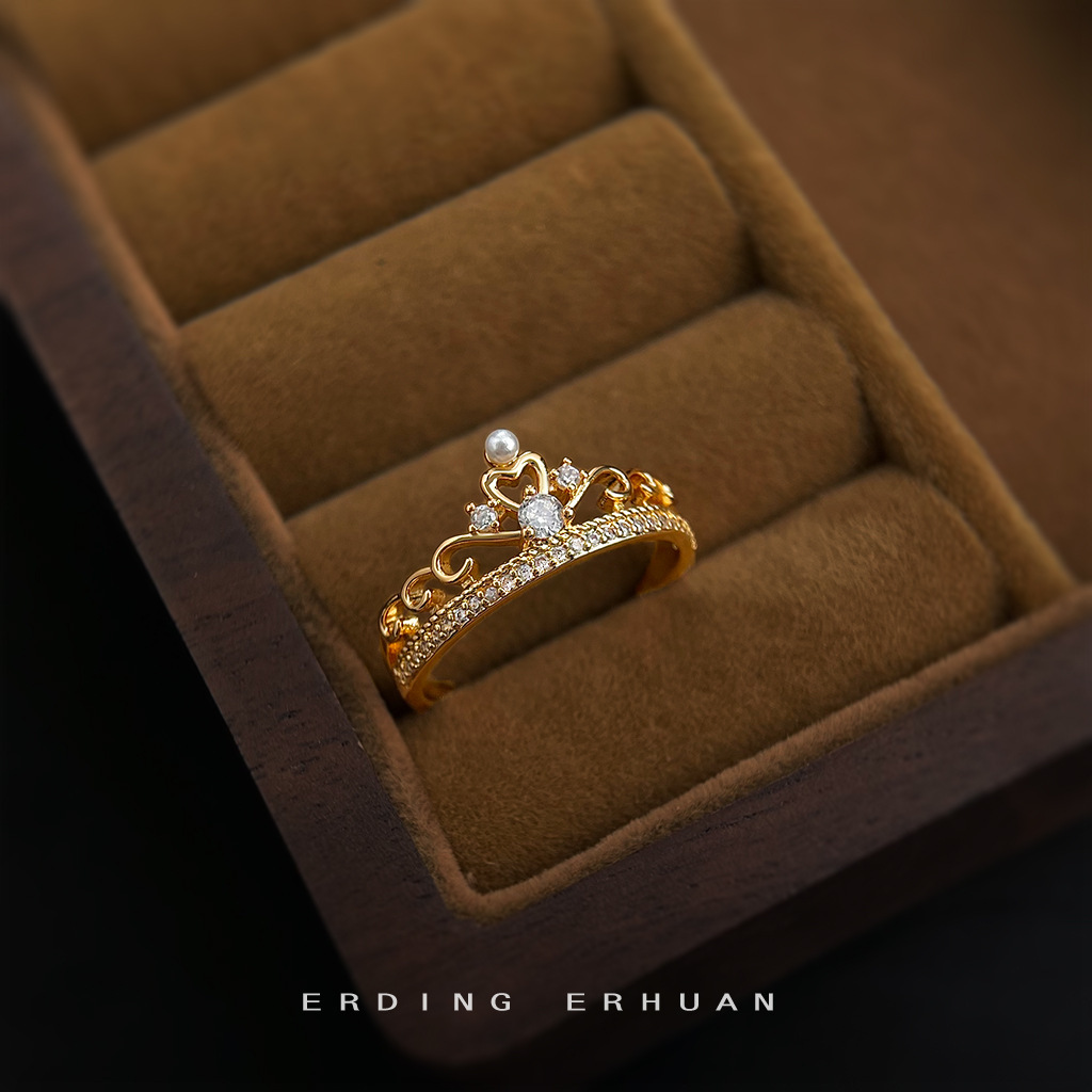 Lace Crown Micro Inlaid Zircon Electroplated 18K Real Gold Thickened Fashion Commuting High-end Light Luxury Style Ring