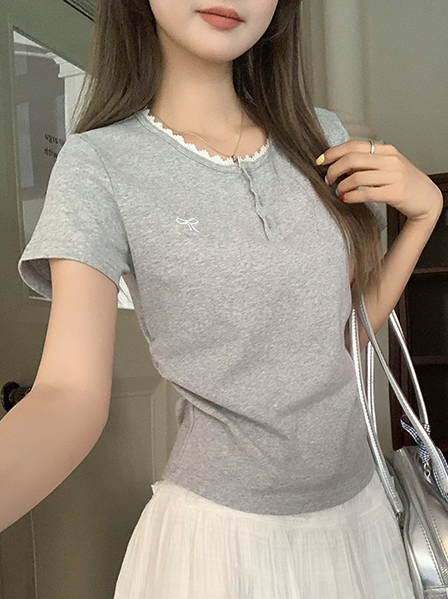 Real Shot Real Price 2025 Summer New Gray Lace Trim T-Shirt for Women with Ruched Waist Slimming Regular Shoulder Short Top