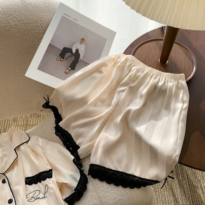 Striped Lace Ice Silk Pajama Set 条纹字母蕾丝边冰丝睡衣套装